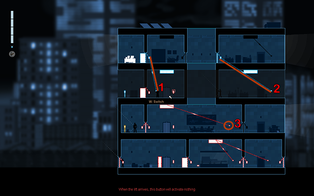 Teraz połącz przełącznik światła (1) z panelem aktywcyjnym drzwi na piętrze wyżej i zrób to samo z przełącznikiem światła (2) na drzwiach po prawej stronie - #10 - Collins - the recording | Opis przejścia | Gunpoint - Gunpoint - poradnik do gry