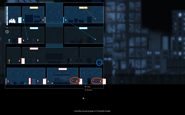 Przejdź na prawą stronę pietra i połącz ze sobą oba przełączniki światła z panelami aktywacyjnymi (tak jak na obrazku), a następnie wciśnij je - #10 - Collins - the recording | Opis przejścia | Gunpoint - Gunpoint - poradnik do gry