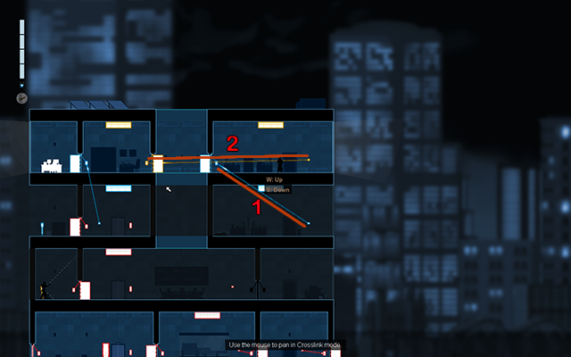 Połącz przełącznik światła z panelem aktywacyjnym niebieskich drzwi (1) oraz drugi przełącznik światła z panelem aktywacyjnym żółtych drzwi (2) i wciśnij je oba - #10 - Collins - the recording | Opis przejścia | Gunpoint - Gunpoint - poradnik do gry