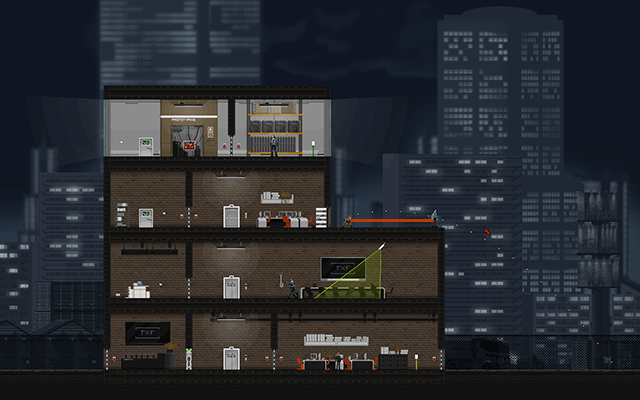 Zacznij od wspięcia się na samą górę budynku i zeskocz po prawej stronie tak, abyś stał za plecami Normal Guarda, a następnie wskocz na niego - #11 - Gessler - Acquisitons | Opis przejścia | Gunpoint - Gunpoint - poradnik do gry