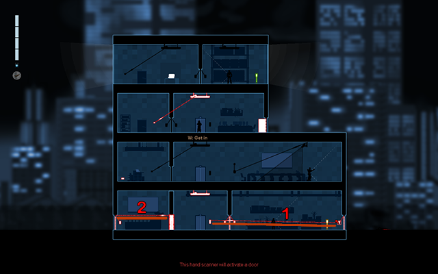 Zanim zjedziesz na sam dół, wejdź w Crosslink Mode i połącz panel windy z panelem aktywacyjnym drzwi po prawej stronie (1) - #11 - Gessler - Acquisitons | Opis przejścia | Gunpoint - Gunpoint - poradnik do gry