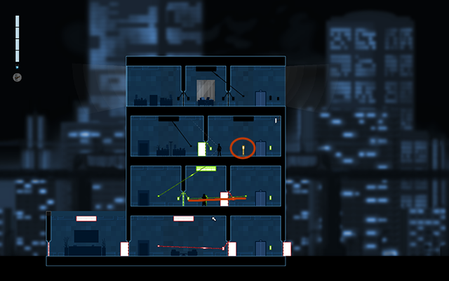 Następnie połącz zielony przełącznik światła znajdujący się zaraz obok windy z panelem aktywacyjnym jedynych zamkniętych drzwi na piętrze - #12 - Anonymous - The Collins Case | Opis przejścia | Gunpoint - Gunpoint - poradnik do gry