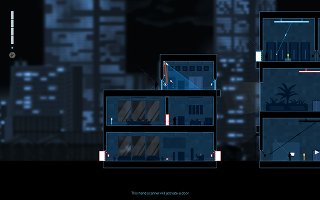 Teraz połącz niebieską kamerę z panelem aktywacyjnym drzwi pod nią - #13 - Rooke - The Trace | Opis przejścia | Gunpoint - Gunpoint - poradnik do gry