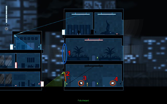 Wskocz przez okno (1) na pierwsze piętro budynku po prawej, a następnie połącz zieloną kamerę z drzwiami znajdującymi się pod nią (2) - #13 - Rooke - The Trace | Opis przejścia | Gunpoint - Gunpoint - poradnik do gry