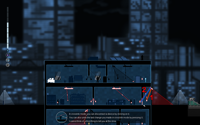 Wskocz na dach budynku, stań przy krawędzi po prawej stronie i odłącz kamerę od alarmu (1), a następnie podłącz ją z panelem aktywującym drzwi znajdujących się zaraz obok (2) - #17 - Rooke - The Plant | Opis przejścia | Gunpoint - Gunpoint - poradnik do gry