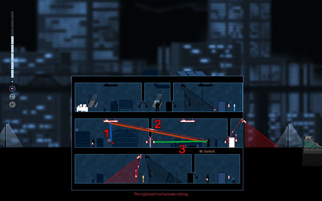 Nastęnie wejdź w Crosslink Mode i odłącz przełącznik światła od lampy w pokoju obok (1) i połącz przełącznik światła znajdujący się zaraz obok ciebie z tą samą lampą (2) - #17 - Rooke - The Plant | Opis przejścia | Gunpoint - Gunpoint - poradnik do gry