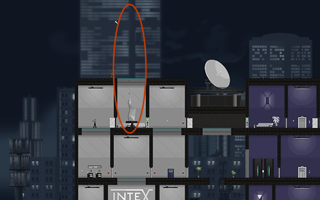 Wskocz na dach budynku, a następnie przygotuj skok (jak na powyższym obrazku) i wyczekaj na odpowiedni moment aby wlecieć na Normal Guarda krążącego pod tobą - #18 - Wybór (Jackson - The Truth lub Rooke - The Killer) | Opis przejścia - Gunpoint - poradnik do gry