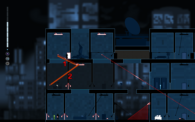 Połącz drugi przełącznik z lampą na piętrze niżej (1), oraz odłącz przełącznik na tym samym piętrze od tej samej lampy (2) - #18 - Wybór (Jackson - The Truth lub Rooke - The Killer) | Opis przejścia - Gunpoint - poradnik do gry