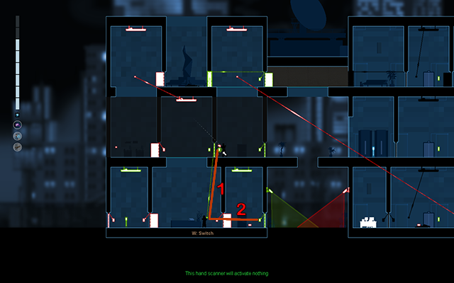 Teraz musisz zamknąć Enforcera w jednym pomieszczeniu, więc połącz przełącznik światła z panelem aktywacyjnym drzwi na piętrze wyżej (1) i poczekaj, aż Enforcer znajdzie się w tym pokoju, a następnie wciśnij przełącznik - #18 - Wybór (Jackson - The Truth lub Rooke - The Killer) | Opis przejścia - Gunpoint - poradnik do gry