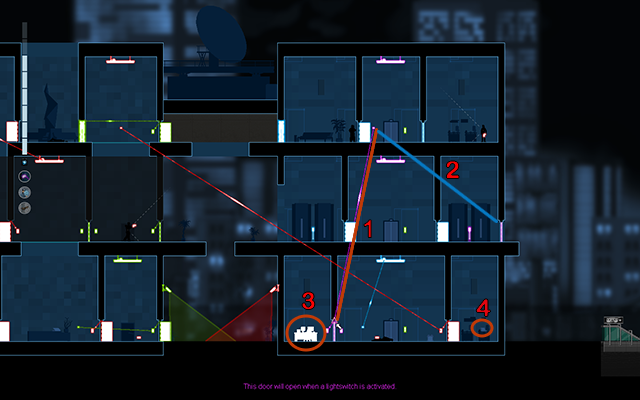Wróć na piętro wyżej i połącz fioletowy przełącznik z fioletowymi drzwiami na najniższym piętrze (1) i wciśnij przełącznik, następnie zrób to samo z drzwiami na środkowym piętrze (2) - #18 - Wybór (Jackson - The Truth lub Rooke - The Killer) | Opis przejścia - Gunpoint - poradnik do gry
