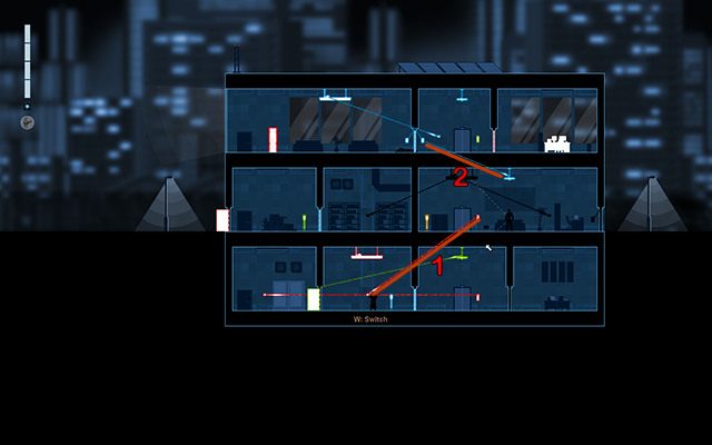 Połącz teraz kolejny przełącznik z panelem windy znajdującym się na piętrze z Enforcerem (1), a następnie wykrywacz dźwięku na tym samym piętrze z panelem aktywującym drzwi na piętrze wyżej (2) - #14 - Mayfield - The DataSec Recording | Opis przejścia | Gunpoint - Gunpoint - poradnik do gry