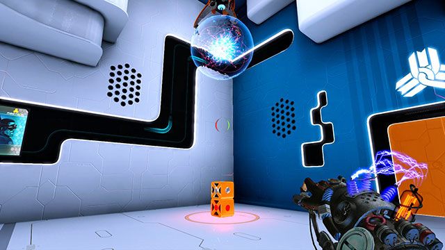 Następnie podnieś kostki (E) i umieść je, jedna na drugiej, pod generatorem, jak na obrazku powyżej - Introductory Cube | Akt I | Magrunner Dark Pulse - Magrunner: Dark Pulse - poradnik do gry