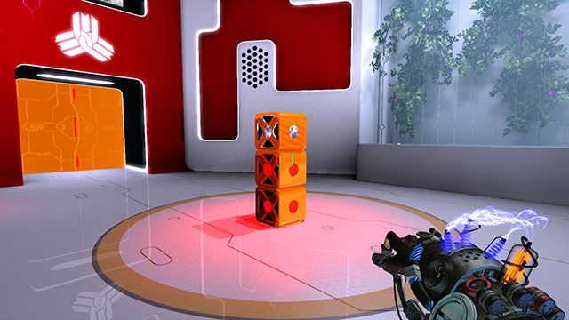 Ustaw trzy kostki tak jak na obrazku powyżej, a następnie strzel w dwie dolne czerwonym ładunkiem, a w trzecią na samej górze - zielonym ładunkiem - Intermediate Cube | Akt I | Magrunner Dark Pulse - Magrunner: Dark Pulse - poradnik do gry