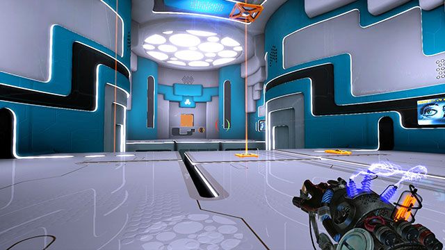 Po małej awarii sieci energetycznej, podejdź do silnika magnetycznego pionowo poruszającej się platformę, widocznego powyżej - Introductory Integration | Akt I | Magrunner Dark Pulse - Magrunner: Dark Pulse - poradnik do gry