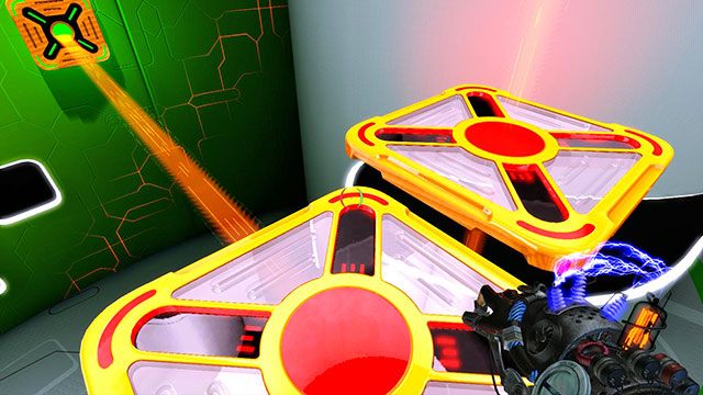 Zmień ładunek modułu napędzającego Twoją platformę na zielony, a następnie poczekaj, aż podjedziesz do pionowej platformy i przyciągniesz ją do siebie (obrazek powyżej) - Intermediate Platform | Akt I | Magrunner Dark Pulse - Magrunner: Dark Pulse - poradnik do gry