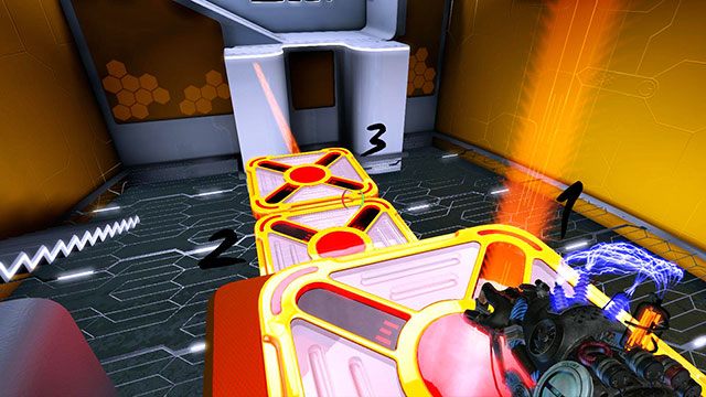 Stań na pierwszej platformie, po czym naładuj ją czerwonym ładunkiem - Platform Test | Akt I | Magrunner Dark Pulse - Magrunner: Dark Pulse - poradnik do gry