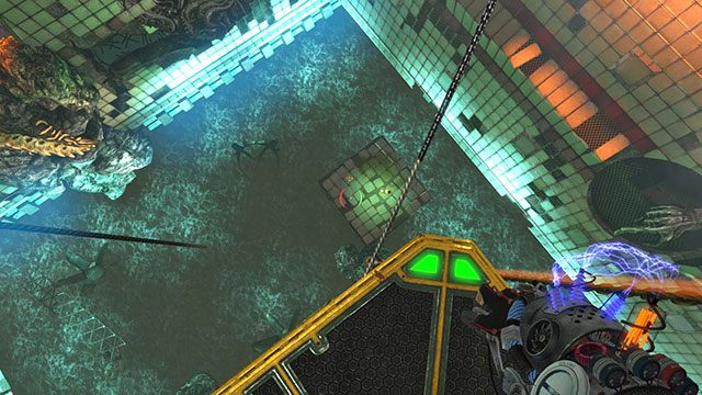 Rozpędź platformę zmieniając jej ładunki i gdy znajdziesz się nad kawałkiem podłogi, widocznym na powyższym obrazku, zeskocz na dół - Ruptured | Akt II | Magrunner Dark Pulse - Magrunner: Dark Pulse - poradnik do gry