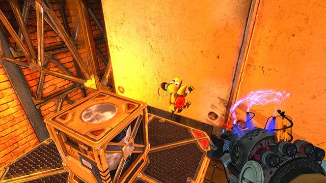 Gdy platforma znajdzie się na odpowiedniej wysokości, zacznij się podciągać, rozstawiając czerwonego Newtona na ścianie obok (obrazek powyżej) - Intersection | Akt II | Magrunner Dark Pulse - Magrunner: Dark Pulse - poradnik do gry