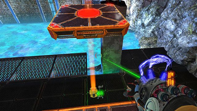 Gdy dojdziesz do końca kolumny, rozstaw zielonego Newtona pod drugą platformą, po czym szybko zmień jej ładunek na zielony (obrazek powyżej) - Crossroads | Akt II | Magrunner Dark Pulse - Magrunner: Dark Pulse - poradnik do gry