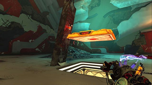 Zmień ładunek jedynej widocznej ściany na czerwony, po czym ustaw czerwonego Newtona na pochyłej kolumnie obok (obrazek powyżej) - Reboot | Akt II | Magrunner Dark Pulse - Magrunner: Dark Pulse - poradnik do gry