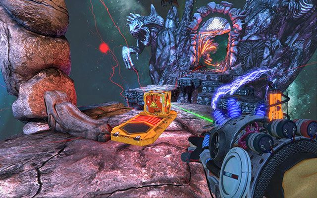 Po znalezieniu się na stałym gruncie, podnieś leżącą tu wybuchową kostkę i umieść na wyrzutni - Mi-Go Gateway | Akt III | Magrunner Dark Pulse - Magrunner: Dark Pulse - poradnik do gry