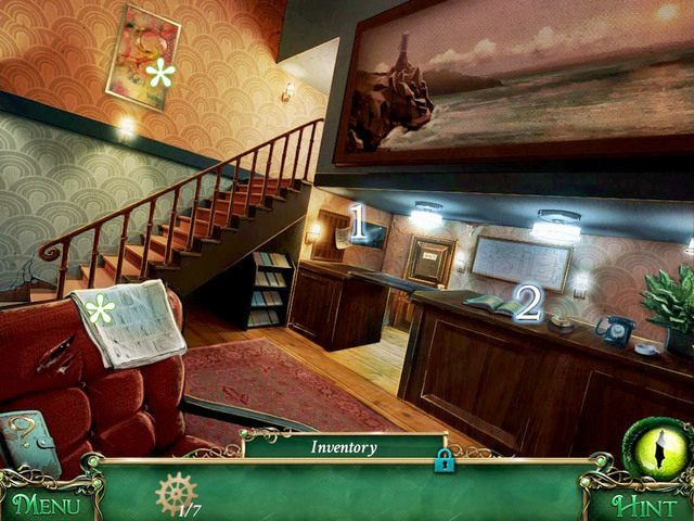 Na obrazie po lewej znajdziemy pierwszy ze znaków zapytania, natomiast na fotelu znajduje się gazeta, którą możemy przejrzeć - Hotel | Solucja 9 Poszlak Tajemnica Serpent Creek - 9 Poszlak: Tajemnica Serpent Creek - poradnik do gry