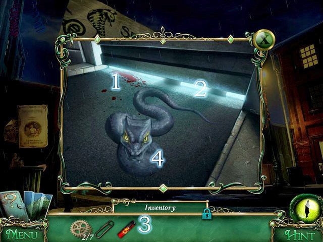 Zauważamy krew [1] oraz cień człowieka [2] w garażu (Garage) strzeżonym przez węża - Ulice miasteczka | Solucja 9 Poszlak Tajemnica Serpent Creek - 9 Poszlak: Tajemnica Serpent Creek - poradnik do gry