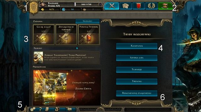 Przykładowy interfejs gry użytkownika ze średnim poziomem doświadczenia. - Podstawy | Elementy gry Might & Magic Duel of Champions - Might & Magic: Duel of Champions - poradnik do gry
