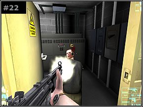 Otwórz metalowe drzwi na końcu korytarza - wejdziesz do wielkiej sali [#23] z trzema terrorystami w środku - Misja 03 - The Bomber - Die Hard: Nakatomi Plaza - poradnik do gry