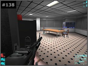 Korzystając z apteczki zawieszonej przy drzwiach podlecz swe wątłe zdrowie i wyjdź drugimi drzwiami na kolejny korytarz [#139] - Misja 15 - The Architect - Die Hard: Nakatomi Plaza - poradnik do gry