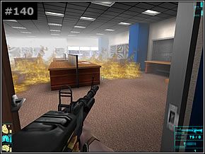 Szybko przeskocz po stołach do lewej części, gdzie na ścianie znajdziesz gaśnice - Misja 15 - The Architect - Die Hard: Nakatomi Plaza - poradnik do gry