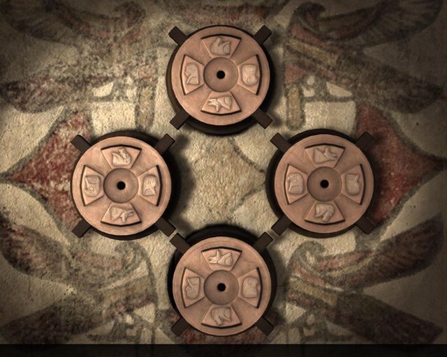 Teraz wróć do drzwi z dyskami i ustaw następująco: na górze pawian, po prawej szakal, po lewej sokół, na dole - człowiek - Muzeum | Rozdział 4 - Kair | The Raven Legacy of a Master Thief - The Raven: Legacy of a Master Thief - poradnik do gry