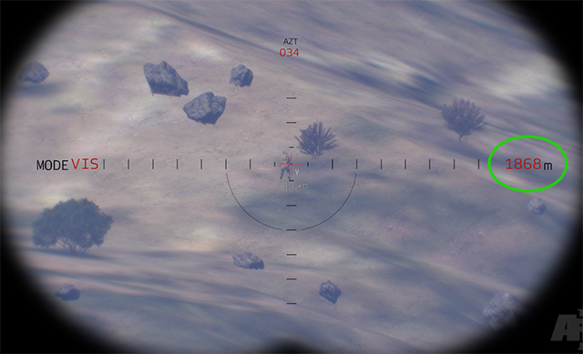 Gdy już go znajdziesz, najedź na niego czerwoną kropką po środku wizji w dalekomierzu - Strzelanie na odległość w Arma III | Podstawy rozgrywki - Arma III - poradnik do gry
