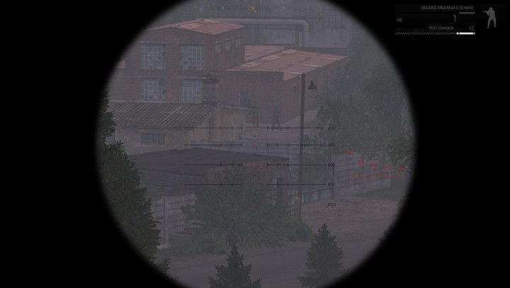 Ustawienie wyrzutni przeciwpancernej MAAWS pozwalające nam wykończyć załogę wyrzutni nr. 2 jednym pociskiem odłamkowym (HE). - Misja 6 - Epilog Eliminacji (Elimination Coda) | ArmA 3 Contact - Arma III - poradnik do gry