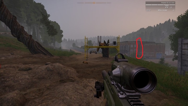 Sugerowany posterunek obserwacyjny (na czerwono zaznaczona pozycja drabiny prowadzącej na dach). - Misja 6 - Epilog Eliminacji (Elimination Coda) | ArmA 3 Contact - Arma III - poradnik do gry