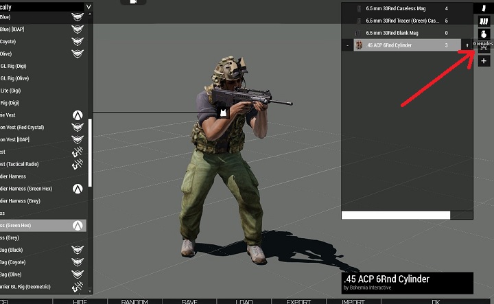 Na screenie widzimy panel pozwalający dopakować kamizelkę amunicją oraz przełączanie panelu by dobrać granaty (widoczny po prawej podpis opcji, nad którą był kursor) - to właśnie tymi opcjami zmieniamy kategorię pakowanych rzeczy. - Obsługa uzbrojenia i Virtual Arsenal | ArmA 3 - Arma III - poradnik do gry