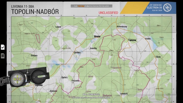 Wygląd ekranu mapy w dodatku Contact - po lewej dostęp do spisu zadań i notatek, po prawej (niewidoczne tutaj) dodatkowe tryby mapy - więcej o nich poniżej. - Informacje podstawowe | ArmA 3 Contact - Arma III - poradnik do gry