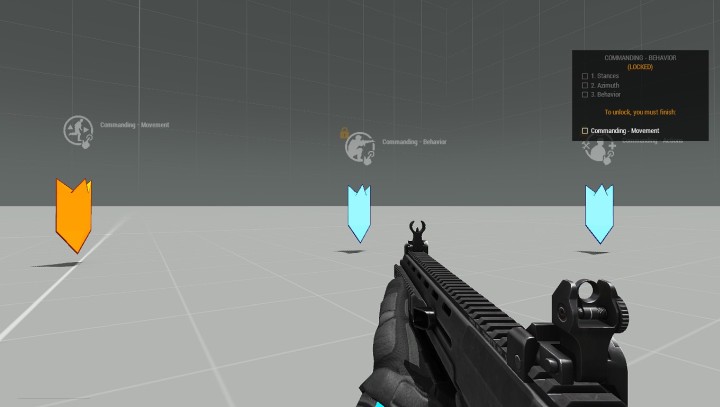 Tak wygląda wybór prezentacji i szkoleń w treningu VR - wystarczy wbiec na marker konkretnego tutoriala. - Od czego zacząć | ArmA 3 - Arma III - poradnik do gry