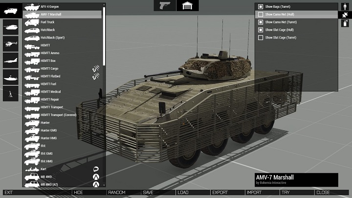 System Virtual Arsenal zawiera też pod-system dla pojazdów - Virtual Garage. - Od czego zacząć | ArmA 3 - Arma III - poradnik do gry