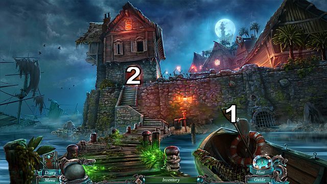 Po dopłynięciu do brzegu zabierz z łódki po prawej wiosło[1] i podążaj za swoim towarzyszem[2] - 1 - An Unexpected Guest | Opis przejścia Nightmares from the Deep - Nightmares from the Deep: The Sirens Call - poradnik do gry