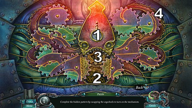 Wciśnij przycisk[1] oraz użyj mechanizmu[2] i zębatki[3] - Rozdział 2 | Zagadki Nightmares from the Deep - Nightmares from the Deep: The Sirens Call - poradnik do gry