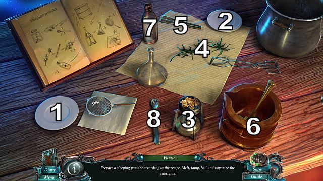Połóż węgielek[1] i golden flakes[2] na palniku[3], który włącz oraz włóż [4] (za pomocą szczypiec[5]) do [6] - Rozdział 6 | Zagadki Nightmares from the Deep - Nightmares from the Deep: The Sirens Call - poradnik do gry