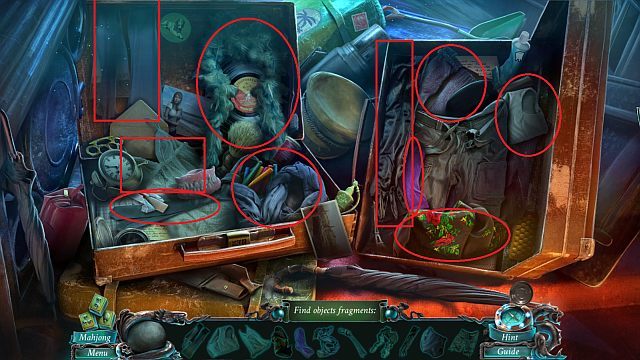 Otwórz walizkę i znajdź przedmioty (patrz obrazek) - Ukryte przedmioty | Zagadki Nightmares from the Deep - Nightmares from the Deep: The Sirens Call - poradnik do gry