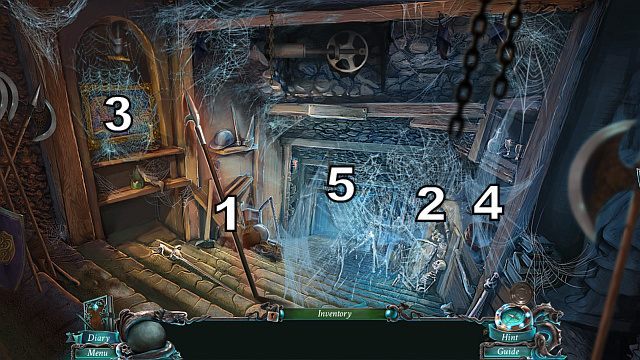 Zabierz bosak (boathook)[1] i za jego pomocą odgarnij pajęczyny w miejscach [2] i [3] - The Book of Davy Jones (bonusowa przygoda) | Opis przejścia - Nightmares from the Deep: The Sirens Call - poradnik do gry