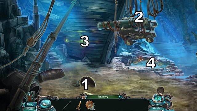 Podnieś kulę armatnią[1], a za pomocą bosaka (boathook) uwolnij armatę[2], która spadnie na ziemię - The Book of Davy Jones (bonusowa przygoda) | Opis przejścia - Nightmares from the Deep: The Sirens Call - poradnik do gry