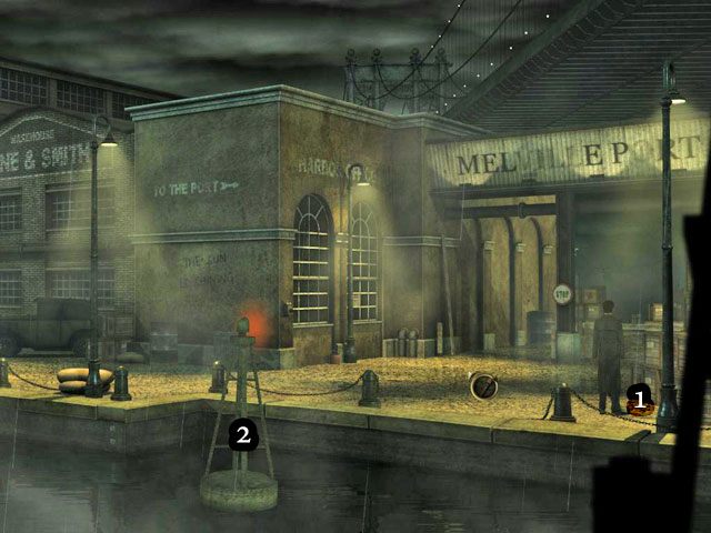 Użyj rury ze smołą na leżącym nieopodal patyku ([1] Na ilustracji nie widać, ale będzie tam leżał) - Port Melville - Face Noir: The Cat with the Jade Eyes - poradnik do gry