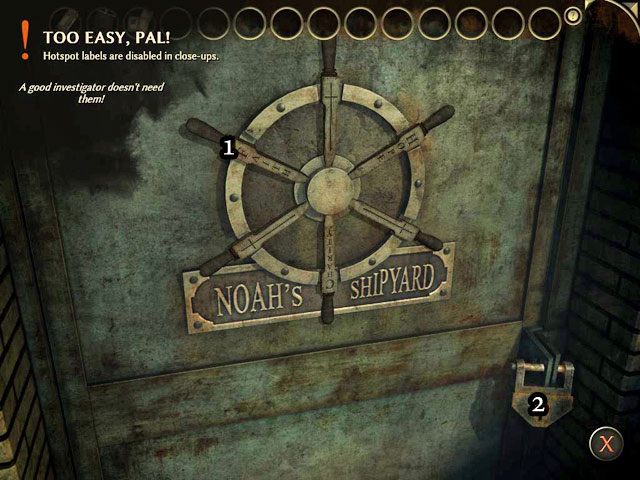 Kliknij na fragment koła z napisem Faith [1], Oderwij go i użyj na kłódce [2] - Druga retrospekcja w porcie - Face Noir: The Cat with the Jade Eyes - poradnik do gry