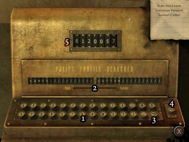 Guziki z literami [1] wciskasz z pomocą legeo przycisku myszki, suwakiem [2] wybierasz, czy wpisujesz imię, czy nazwisko - Policyjne archiwa - Face Noir: The Cat with the Jade Eyes - poradnik do gry