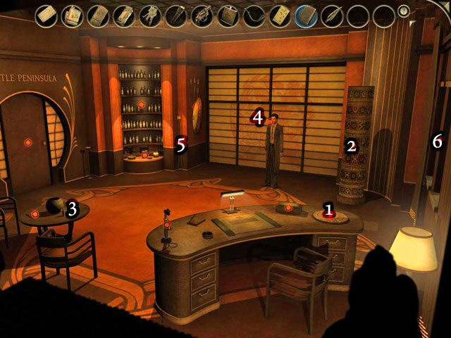 Użyj leżącego po prawej stronie biurka dysku [1] - Szantaż - Face Noir: The Cat with the Jade Eyes - poradnik do gry