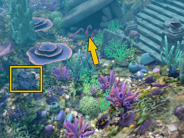 W Syreniej Grocie pierwsza jaskinia usytuowana jest na lewo od schodów, czyli na prawo od miejsca, w którym się zanurzasz, a tuż przed nią leży skrzynia nr 3 - Skrzynie i jaskinie | Plaża i ocean | The Sims 3 Rajska wyspa - The Sims 3: Rajska wyspa - poradnik do gry